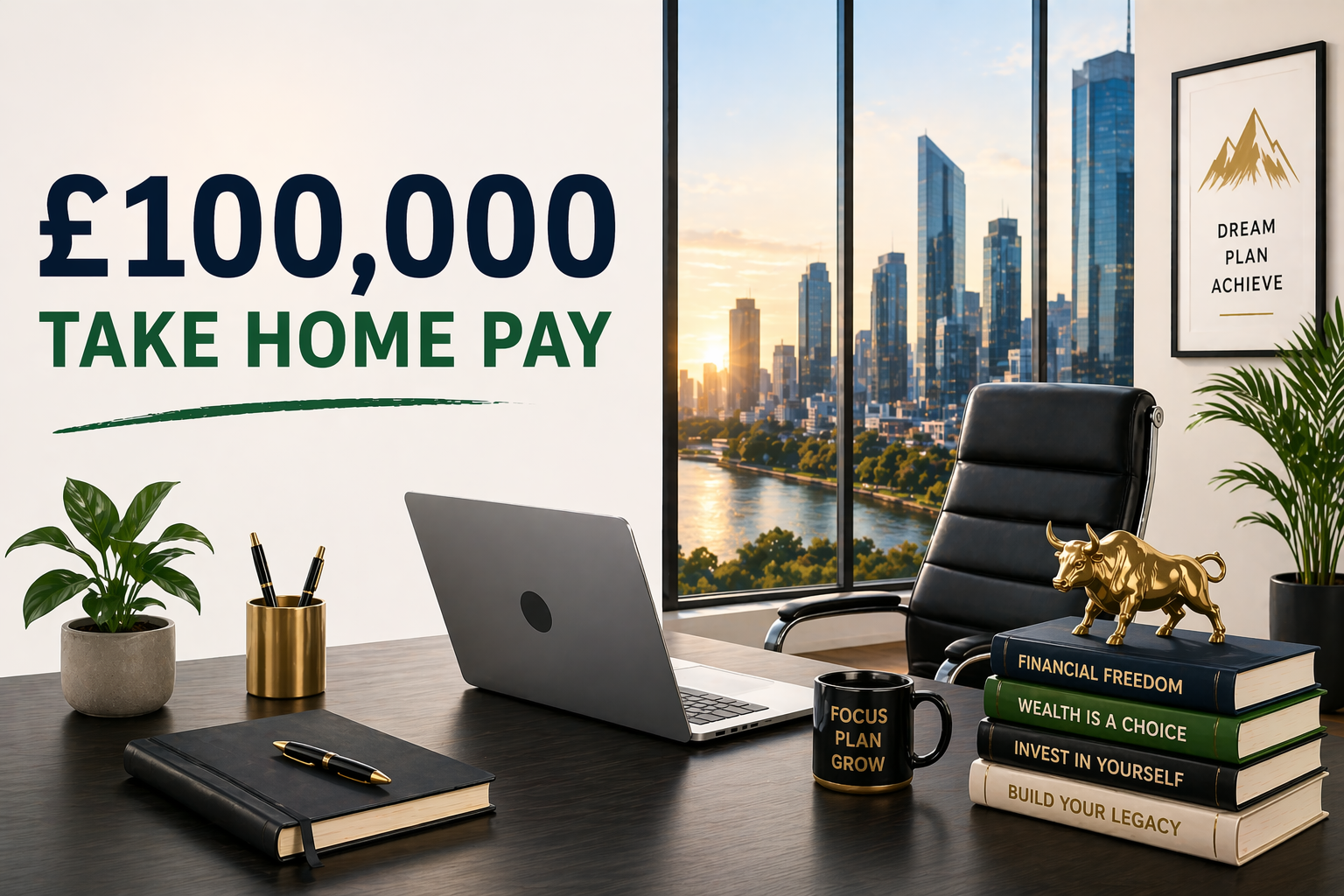 Illustration showing £100,000 UK salary after tax with monthly take-home pay summary