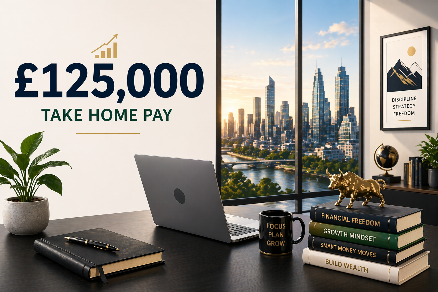 Illustration showing £125,000 UK salary after tax with monthly take-home pay summary