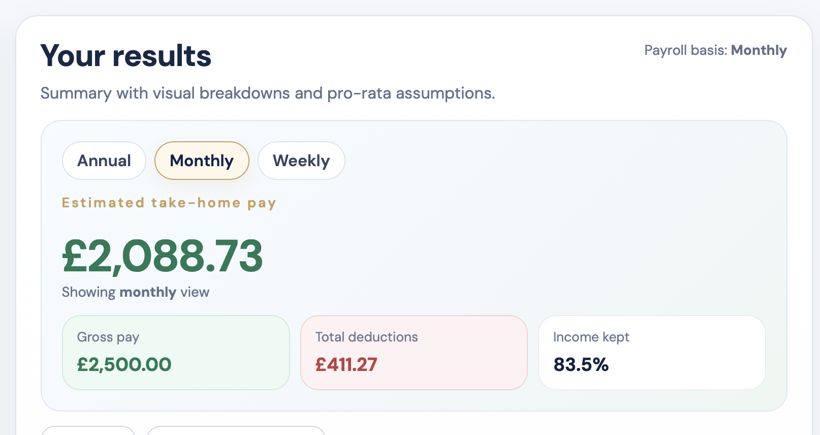 Monthly take home pay on £30k salary UK with student loan deductions visual