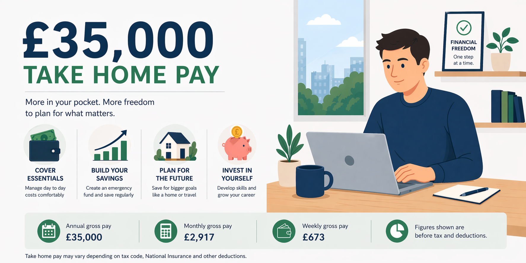 Illustration showing £35,000 UK salary after tax with monthly take-home pay summary