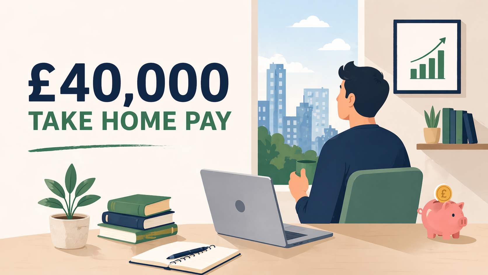 Illustration showing £40,000 UK salary after tax with monthly take-home pay summary
