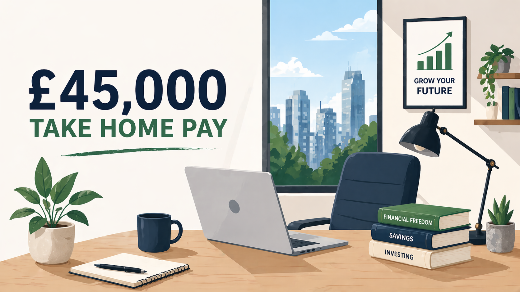 Illustration showing £45,000 UK salary after tax with monthly take-home pay summary