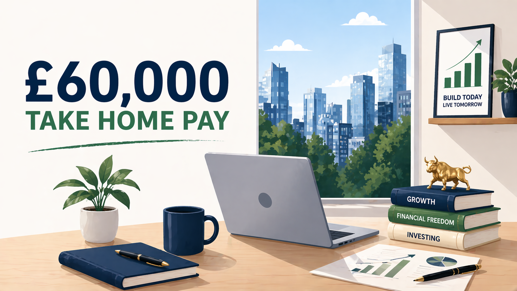 Illustration showing £60,000 UK salary after tax with monthly take-home pay summary