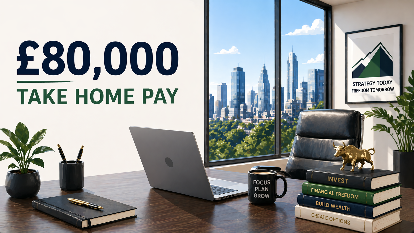 Illustration showing £80,000 UK salary after tax with monthly take-home pay summary