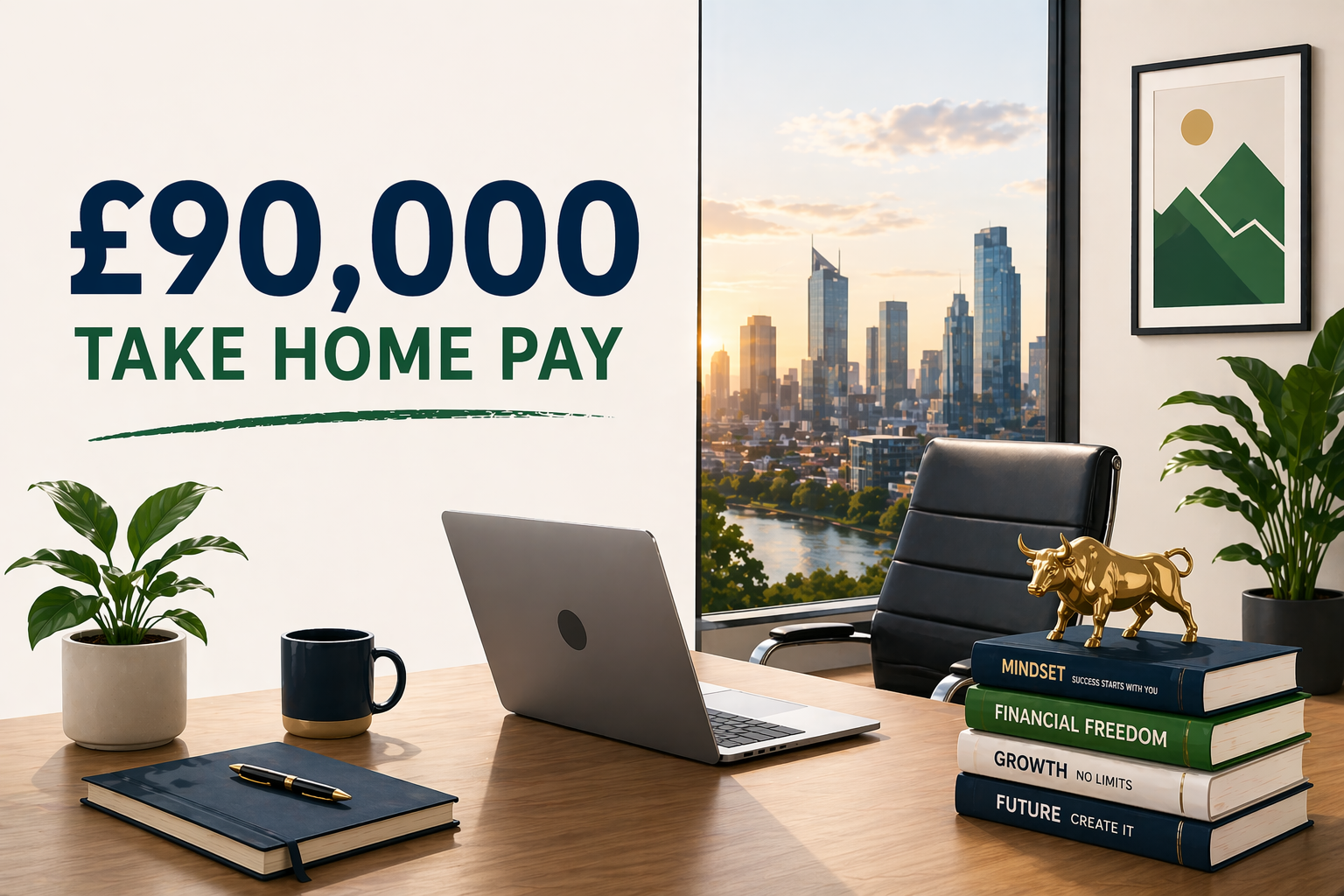 Illustration showing £90,000 UK salary after tax with monthly take-home pay summary