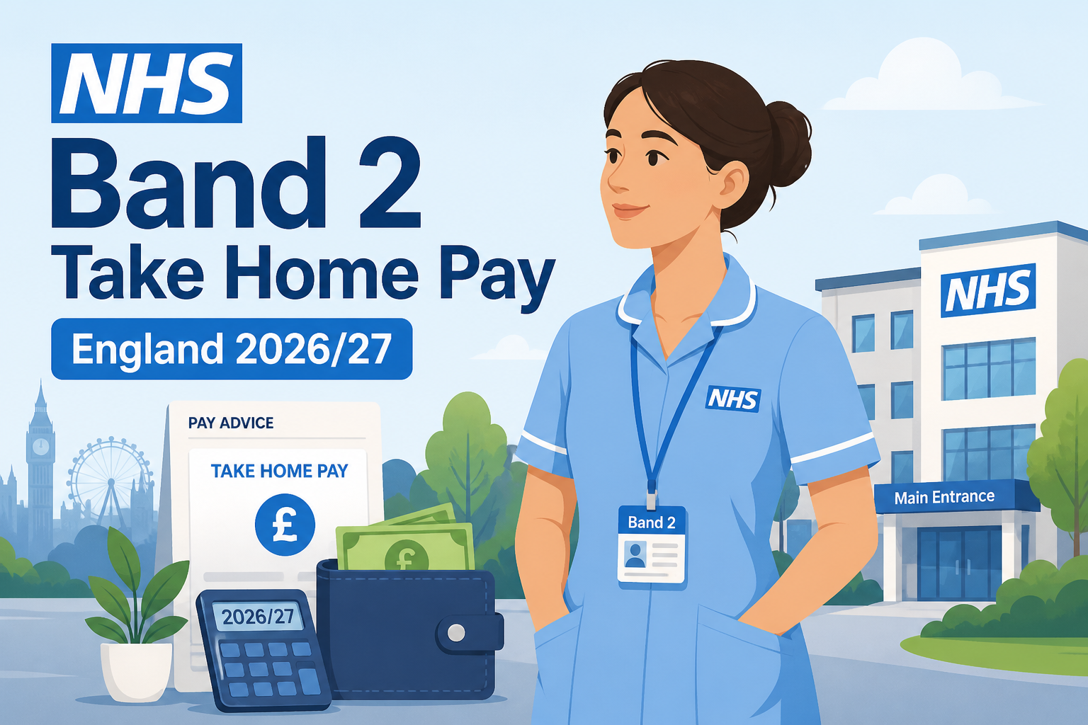 Illustration showing NHS Band 2 take-home pay in England with payslip, pension and tax deductions