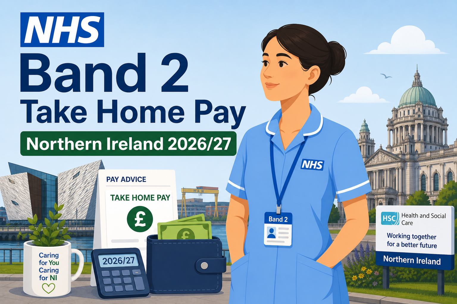 Illustration showing NHS Band 2 take-home pay in Northern Ireland with payslip, pension and tax deductions