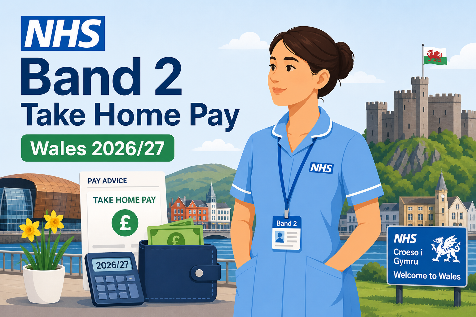 Illustration showing NHS Band 2 take-home pay in Wales with payslip, pension and tax deductions