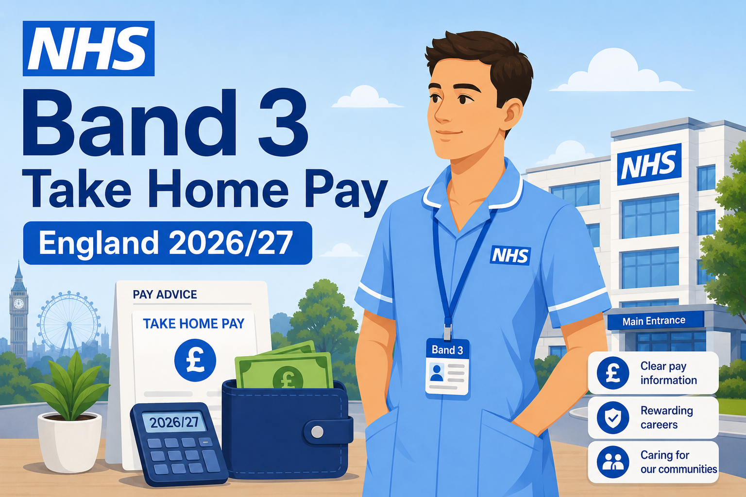 Illustration showing NHS Band 3 take-home pay in England with payslip, tax, pension and student loan deductions